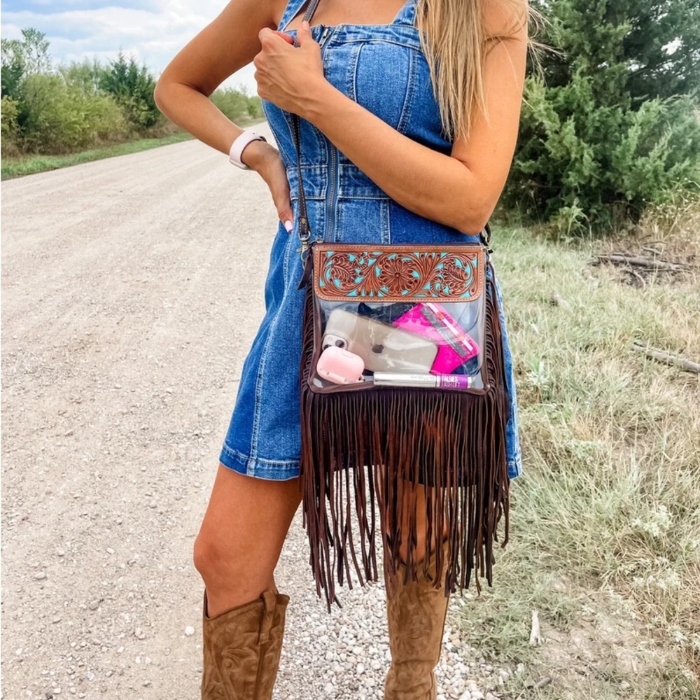 Boho Ranch - Western Tooled Leather Clear Crossbody Purse hand tooled concert - Picture 6 of 10